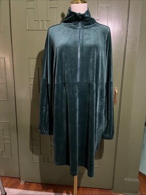Women's Velvet Midi Dress - Dark Teal Half-Zip